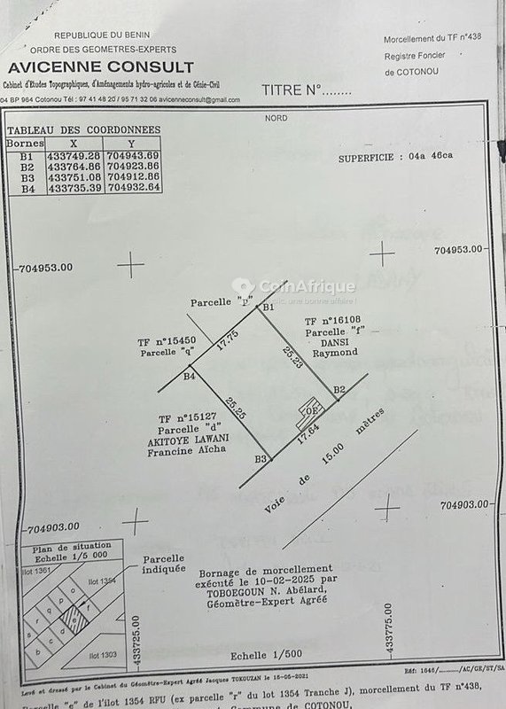 Terrain exceptionnel de 446 m² avec titre foncier personnel et accès direct à la voie bitumée