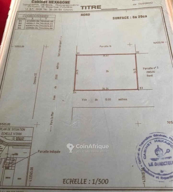 Terrain nu de 829 m² avec titre foncier personnel en angle de rue