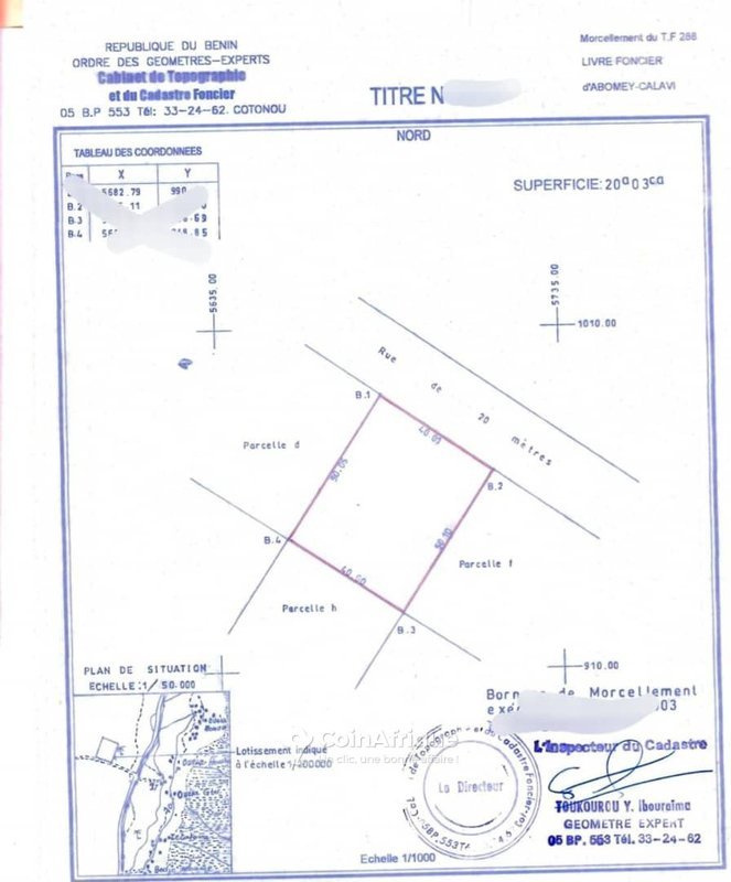 Terrain spacieux de 2003 m² en bordure de voie de 20 mètres avec titre foncier personnel
