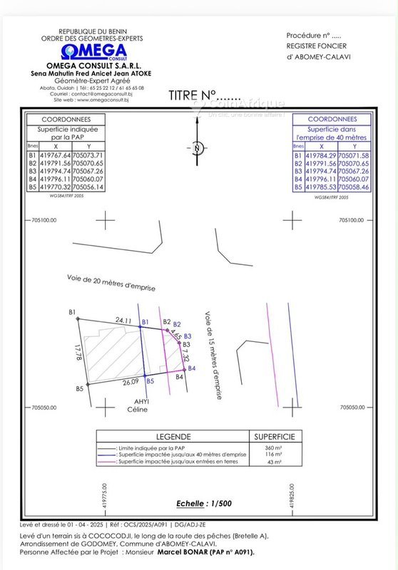 Terrain constructible de 360m² avec documents légaux complets et emplacement stratégique en bordure de voie goudronnée