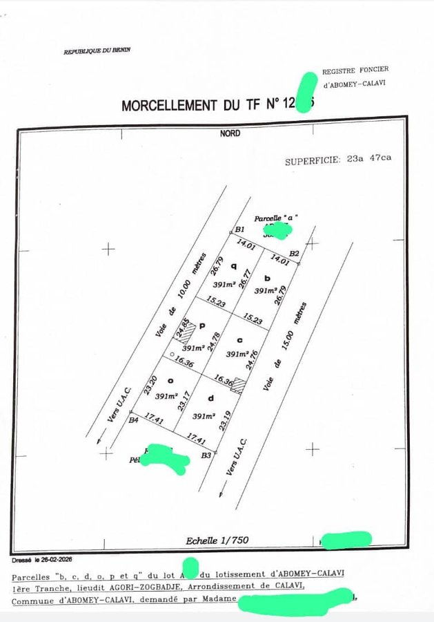 Terrain spacieux de 391m² avec titre foncier personnel et accès à deux grandes voies