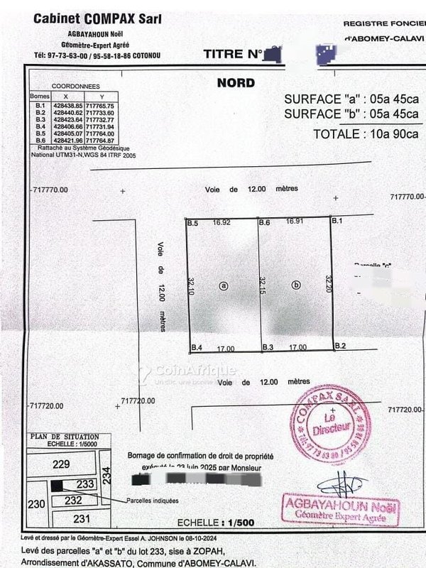 Terrain exceptionnel de 1086 m² avec titre foncier personnel et clôture en angle de rue