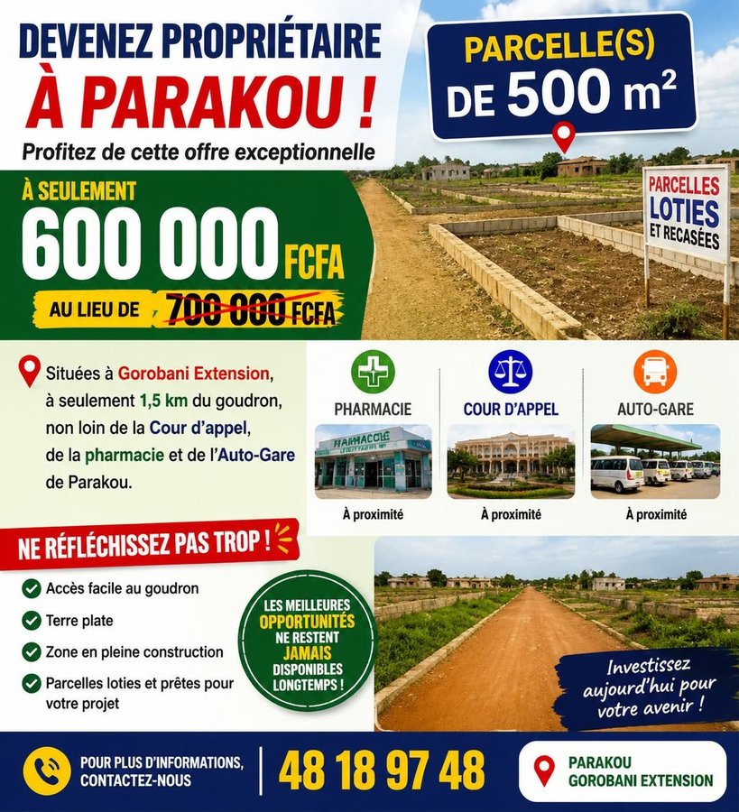 Terrain plat de 500 m² avec accès facile et parcelles loties en zone en développement