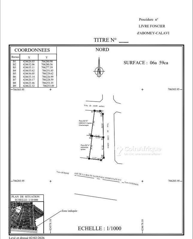 Terrain exceptionnel de 659 m² avec titre foncier en bordure de route inter-État