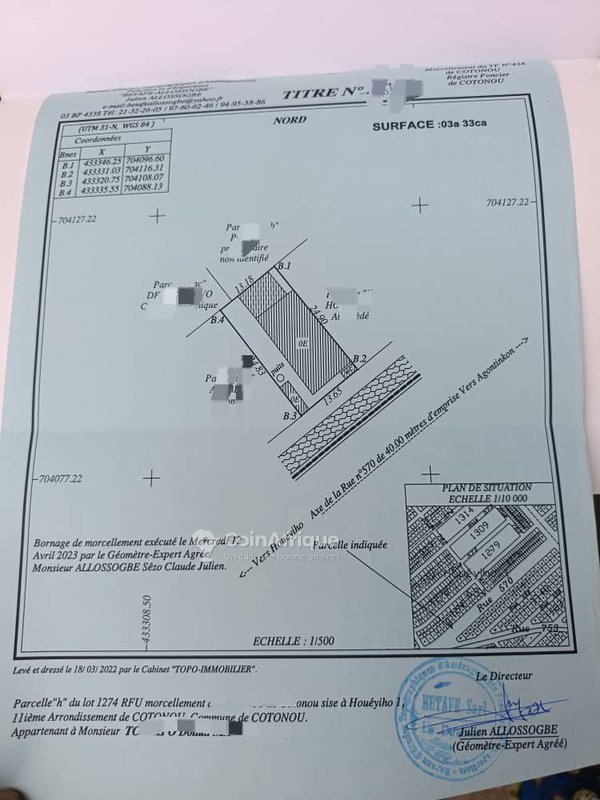 Terrain constructible de 721m² avec titres fonciers personnels et levés topographiques disponibles