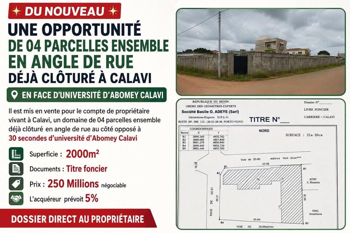 Terrain exceptionnel de 2000 m² avec 4 parcelles clôturées et titre foncier en angle de rue