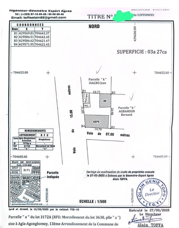 Terrain loti de 844 m² avec titre foncier et maison locative en angle de rue
