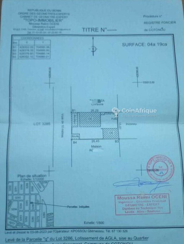 Terrain recasé de 419 m² avec titre foncier en cours à Agla Akplomey