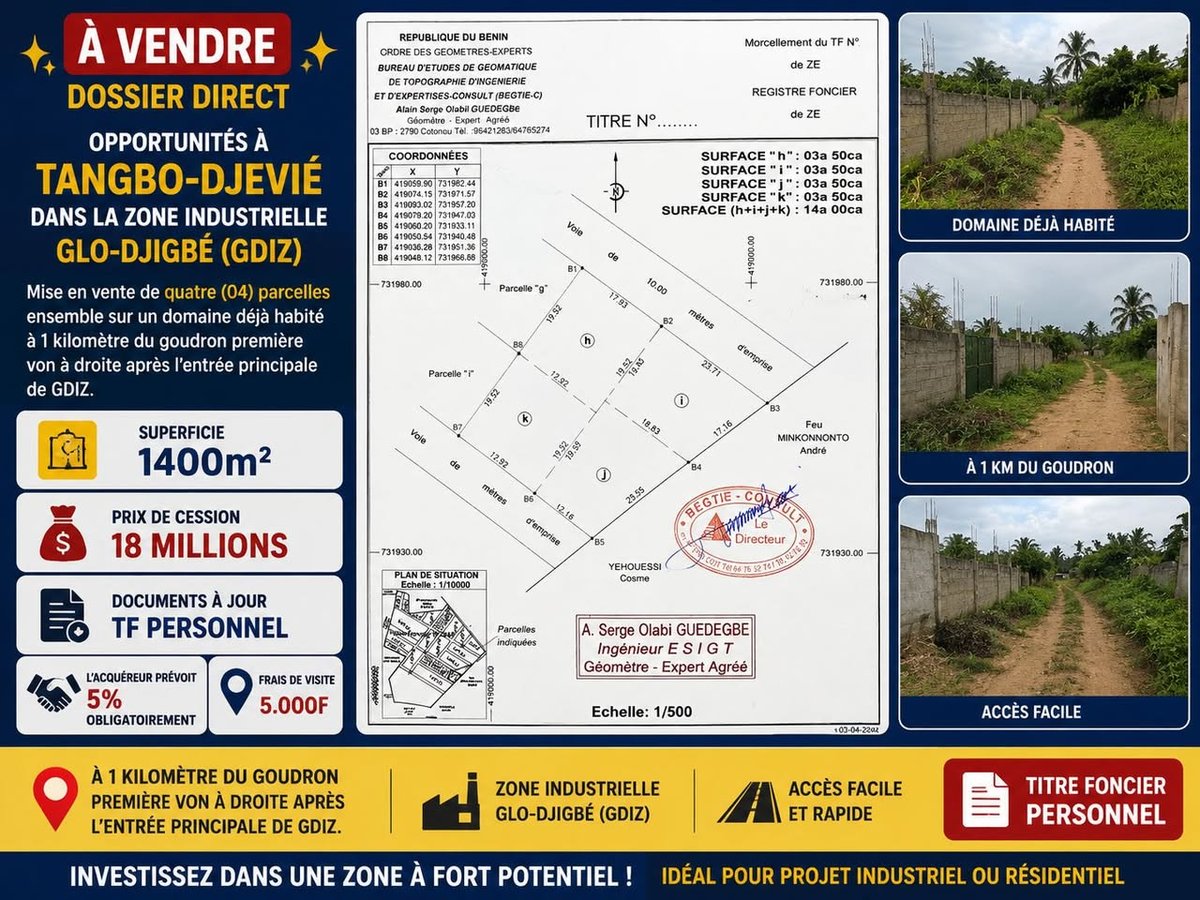 Terrain exceptionnel de 1400 m² avec titre foncier personnel en zone industrielle stratégique
