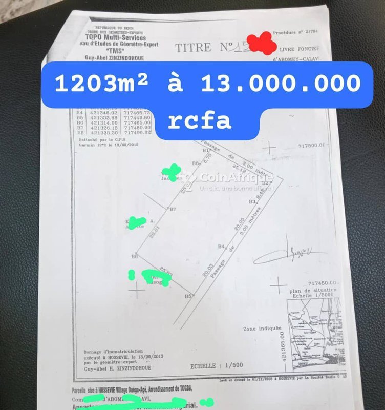 Terrain spacieux de 1203 m² avec titre foncier personnel