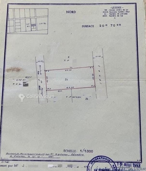 Terrain clôturé de 2070 m² avec titre foncier personnel à Cotonou