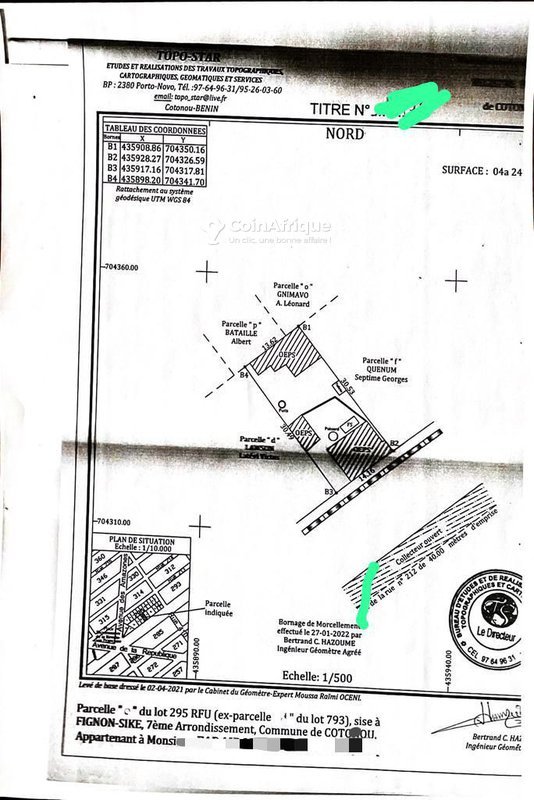 Terrain exceptionnel de 424 m² avec titre foncier personnel et levée disponible