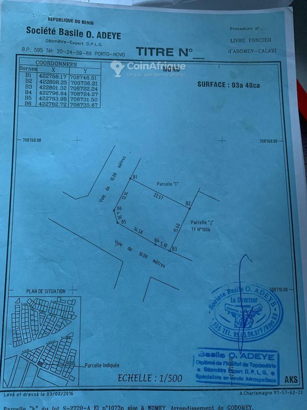 Terrain exceptionnel de 1056 m² avec titre foncier personnel, clôturé et bien situé