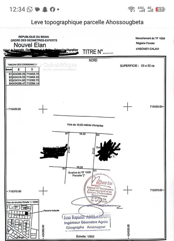 Terrain constructible de 352m² avec titre foncier en cours à Ahossougbéta