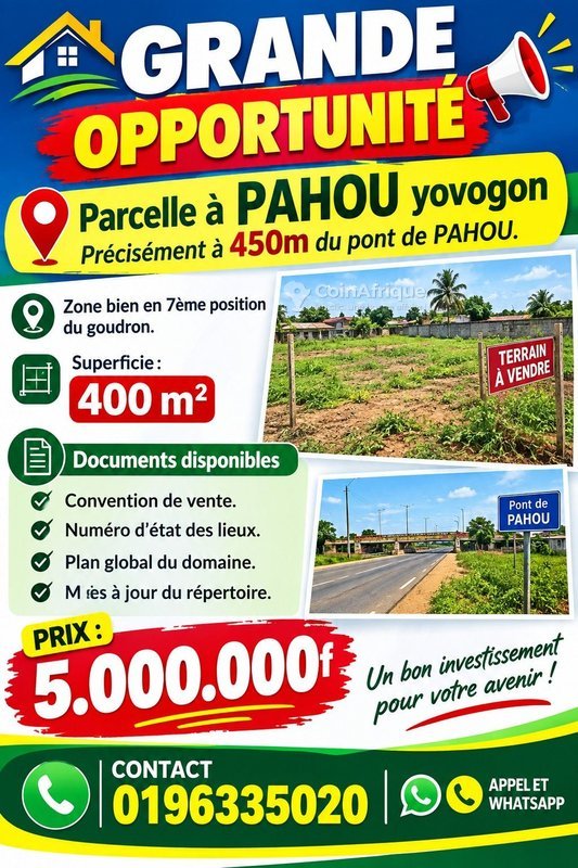 Terrain spacieux de 400 m² avec documents légaux complets à Pahou