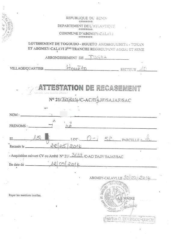 Terrain viabilisé avec attestation de récasement – Emplacement stratégique à Calavi Tokan