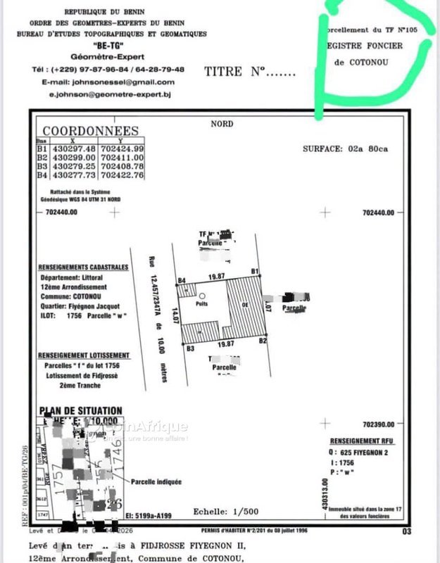 Terrain constructible de 280 m² avec titre foncier et permis d'habiter en zone résidentielle calme