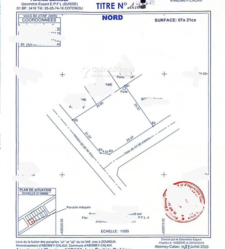 Terrain à vendre avec titre foncier personnel et levée topographique - 721 m² en angle de rue